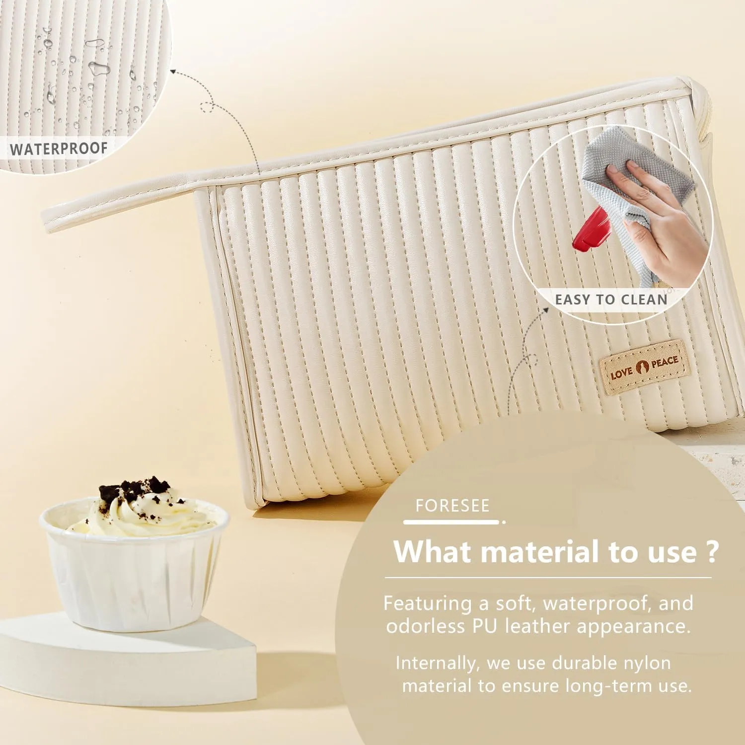Small Compact Large Capacity Makeup Bag Cute Aesthetic Cosmetic Bags for Travel Essentials Organizer Waterproof Soft Leather Makeup Bag Zipper Pouch Portable Toiletry Bag for Women