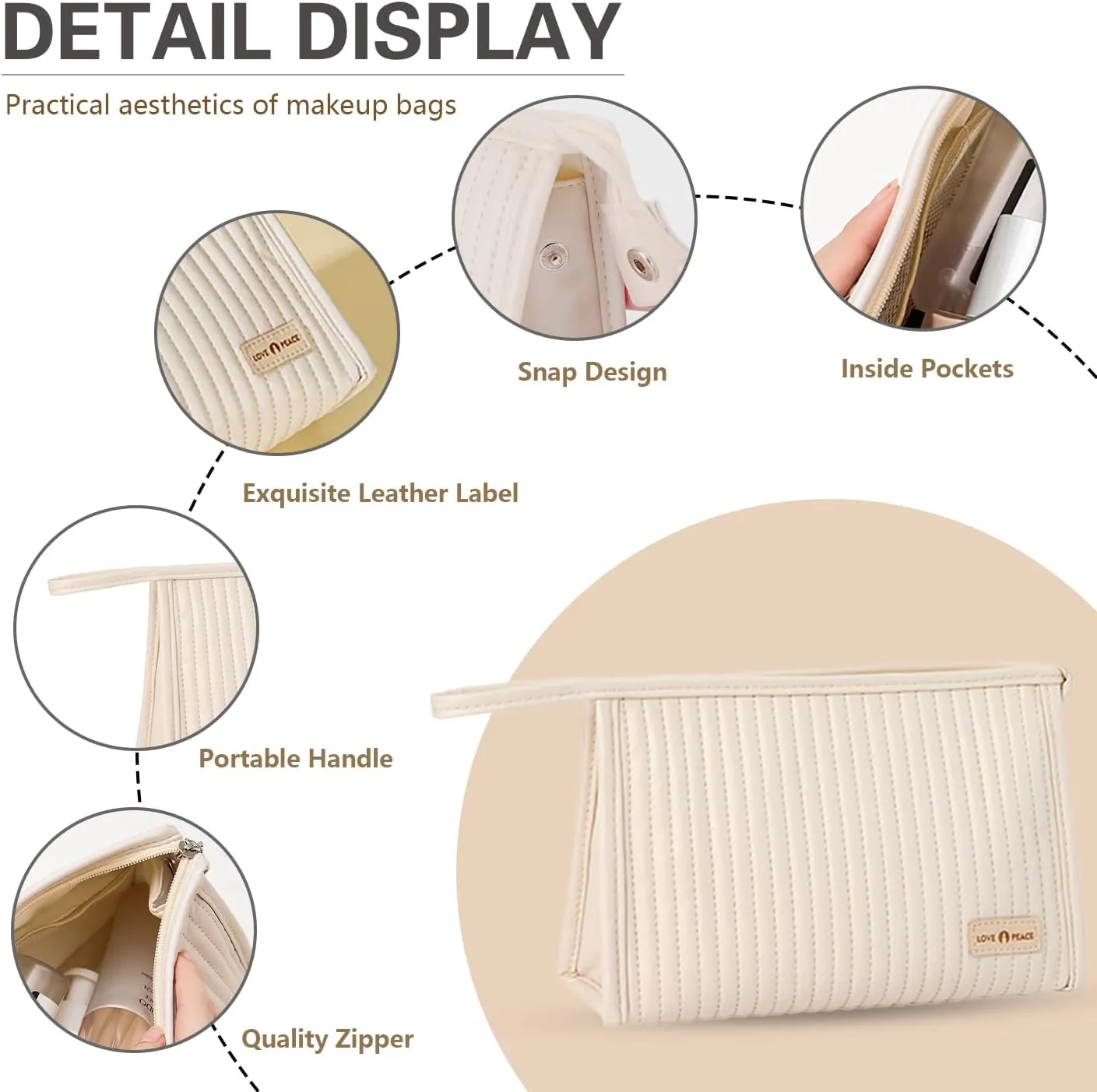 Small Compact Large Capacity Makeup Bag Cute Aesthetic Cosmetic Bags for Travel Essentials Organizer Waterproof Soft Leather Makeup Bag Zipper Pouch Portable Toiletry Bag for Women