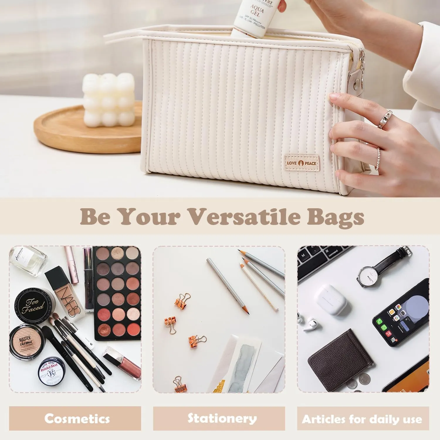 Small Compact Large Capacity Makeup Bag Cute Aesthetic Cosmetic Bags for Travel Essentials Organizer Waterproof Soft Leather Makeup Bag Zipper Pouch Portable Toiletry Bag for Women