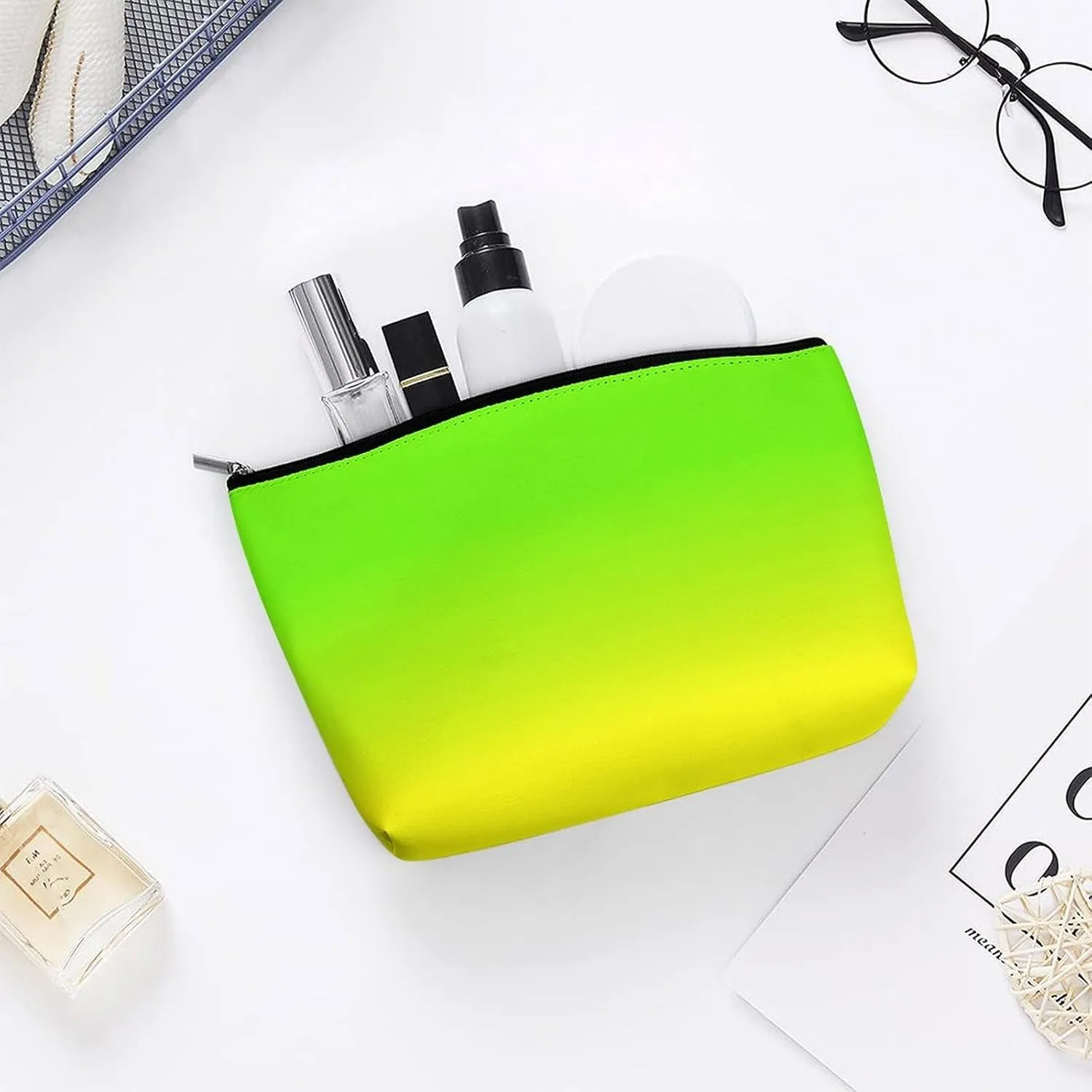 Small Cosmetic Bag, Neon Green and Neon Yellow Ombre Makeup Bags Elegant Roomy Pouch for Women,Travel Toiletry Accessories Organizer