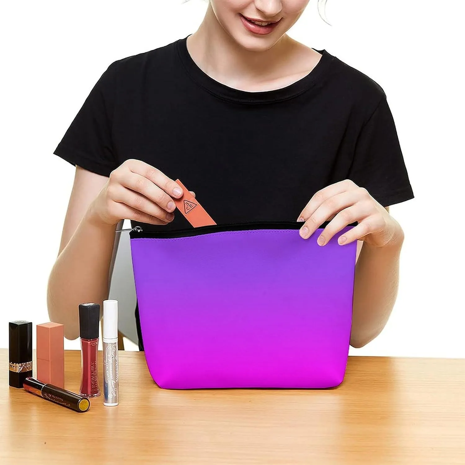 Small Cosmetic Bag, Neon Purple and Hot Pink Ombre Shade Color Makeup Bags Elegant Roomy Pouch for Women,Travel Toiletry Accessories Organizer