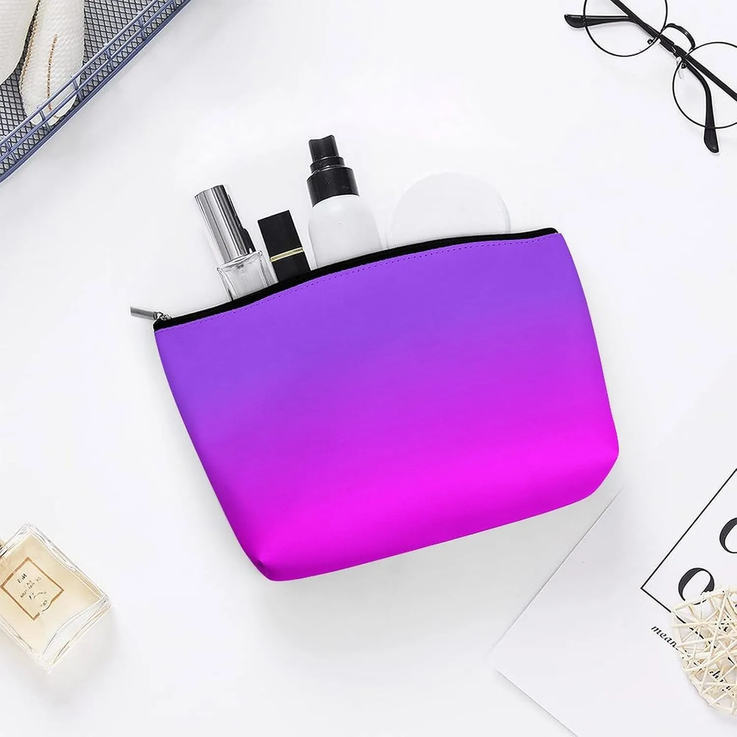 Small Cosmetic Bag, Neon Purple and Hot Pink Ombre Shade Color Makeup Bags Elegant Roomy Pouch for Women,Travel Toiletry Accessories Organizer