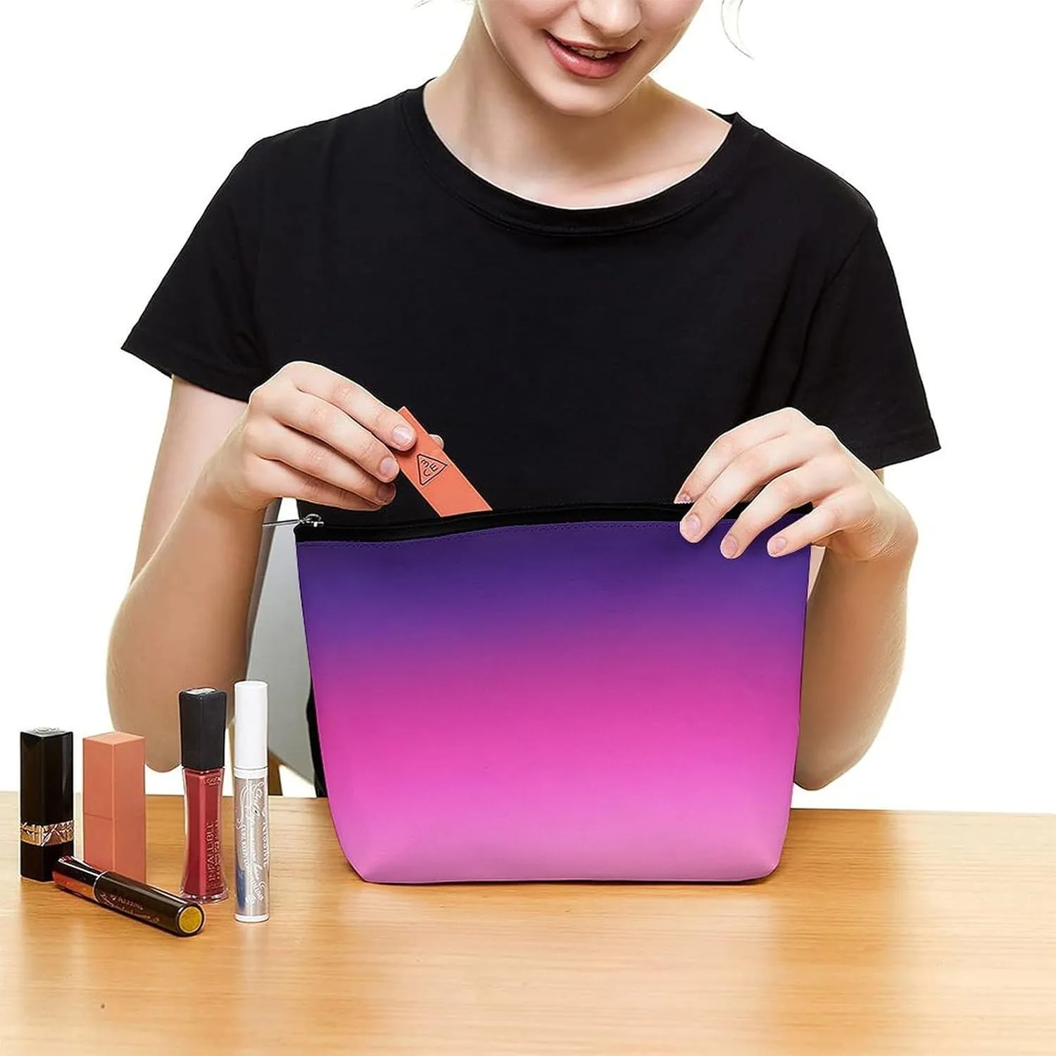 Small Cosmetic Bag, Trendy Neon Pink Purple and Light Orange Makeup Bags Elegant Roomy Pouch for Women,Travel Toiletry Accessories Organizer