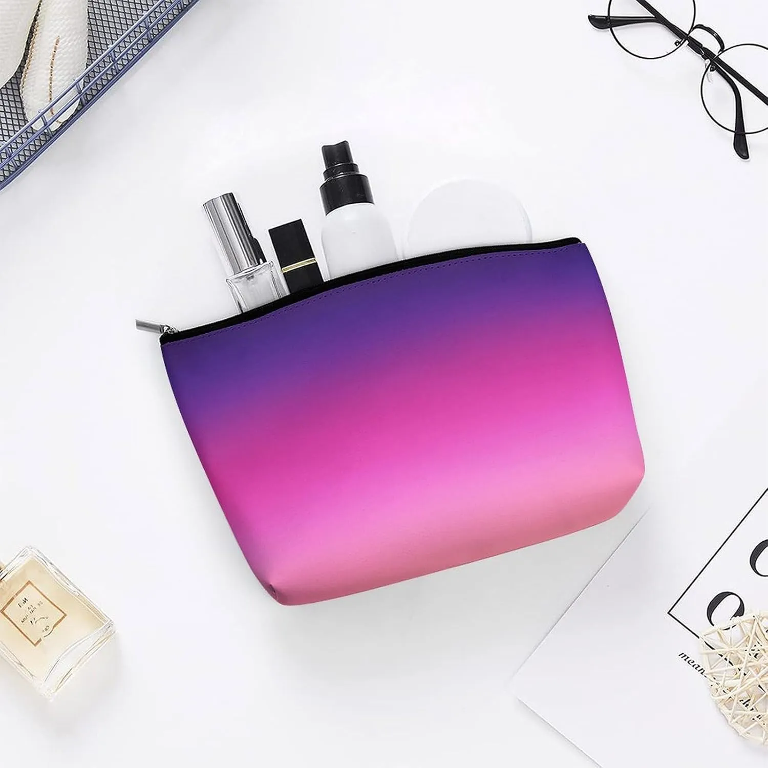 Small Cosmetic Bag, Trendy Neon Pink Purple and Light Orange Makeup Bags Elegant Roomy Pouch for Women,Travel Toiletry Accessories Organizer