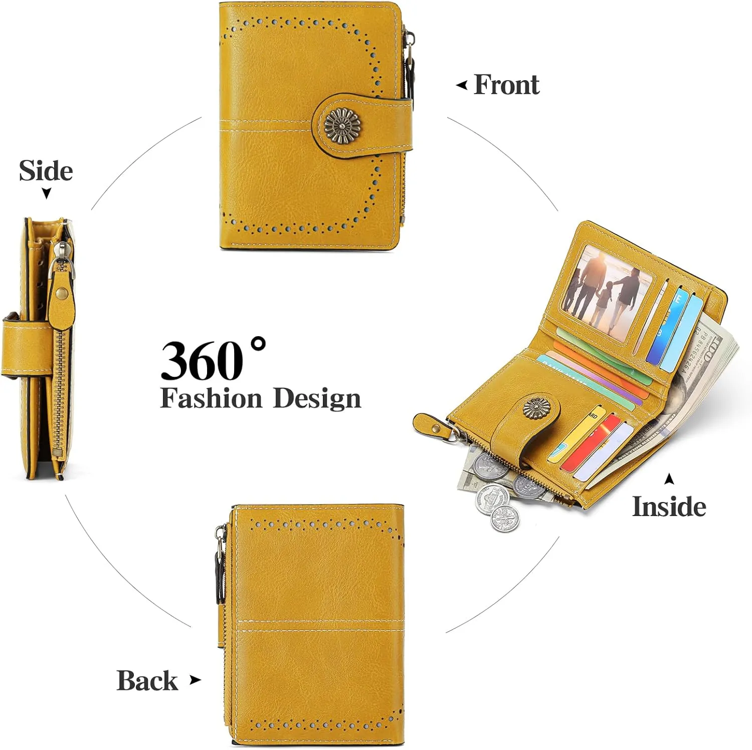 Small Women Wallet Leather RFID Blocking Card Holder Bifold Compact Wallets with ID Window and Zipper Coin Pocket
