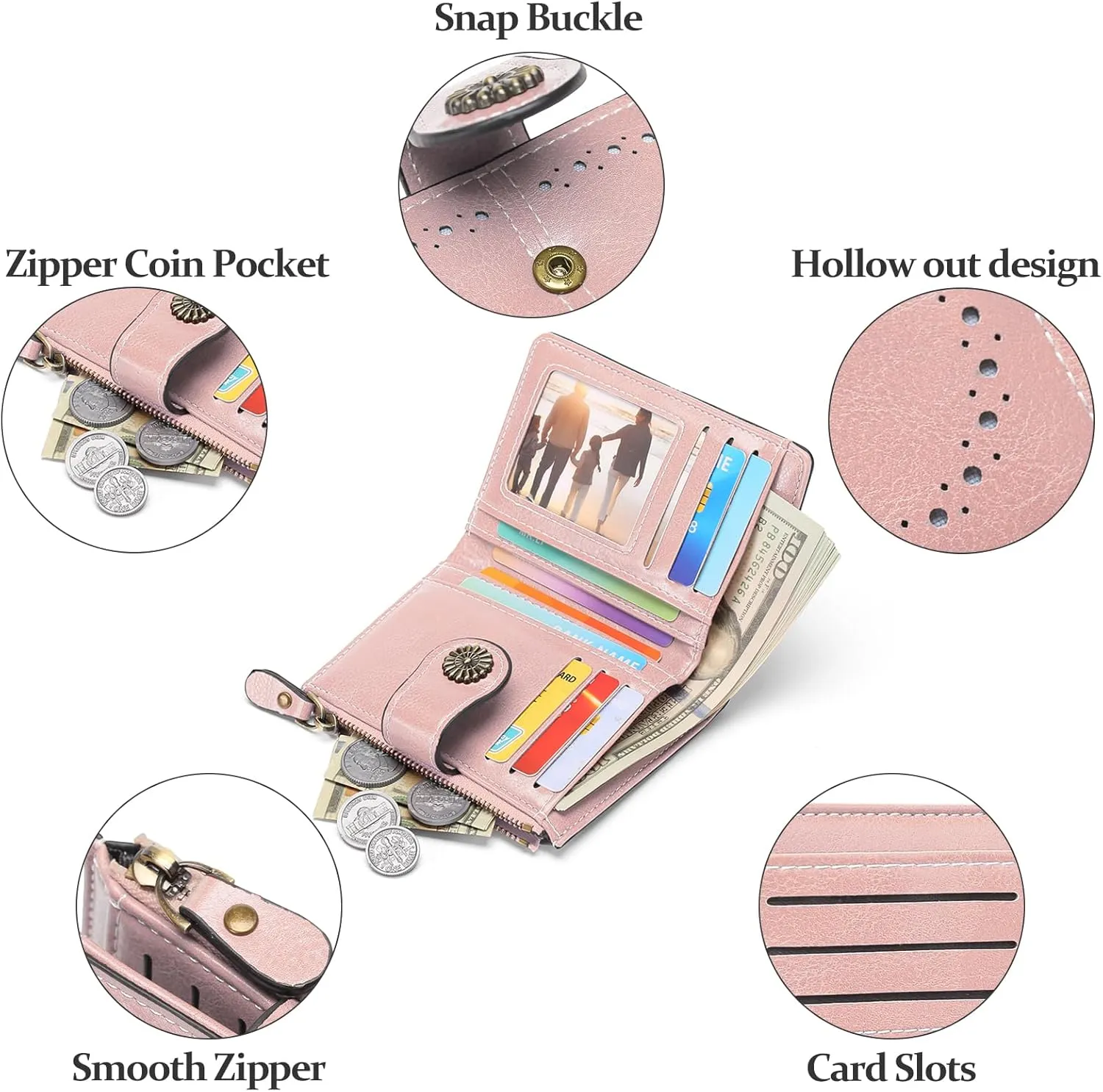 Small Women Wallet Leather RFID Blocking Card Holder Bifold Compact Wallets with ID Window and Zipper Coin Pocket