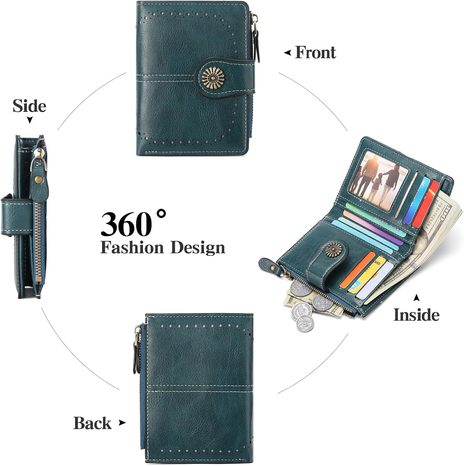 Small Women Wallet Leather RFID Blocking Card Holder Bifold Compact Wallets with ID Window and Zipper Coin Pocket