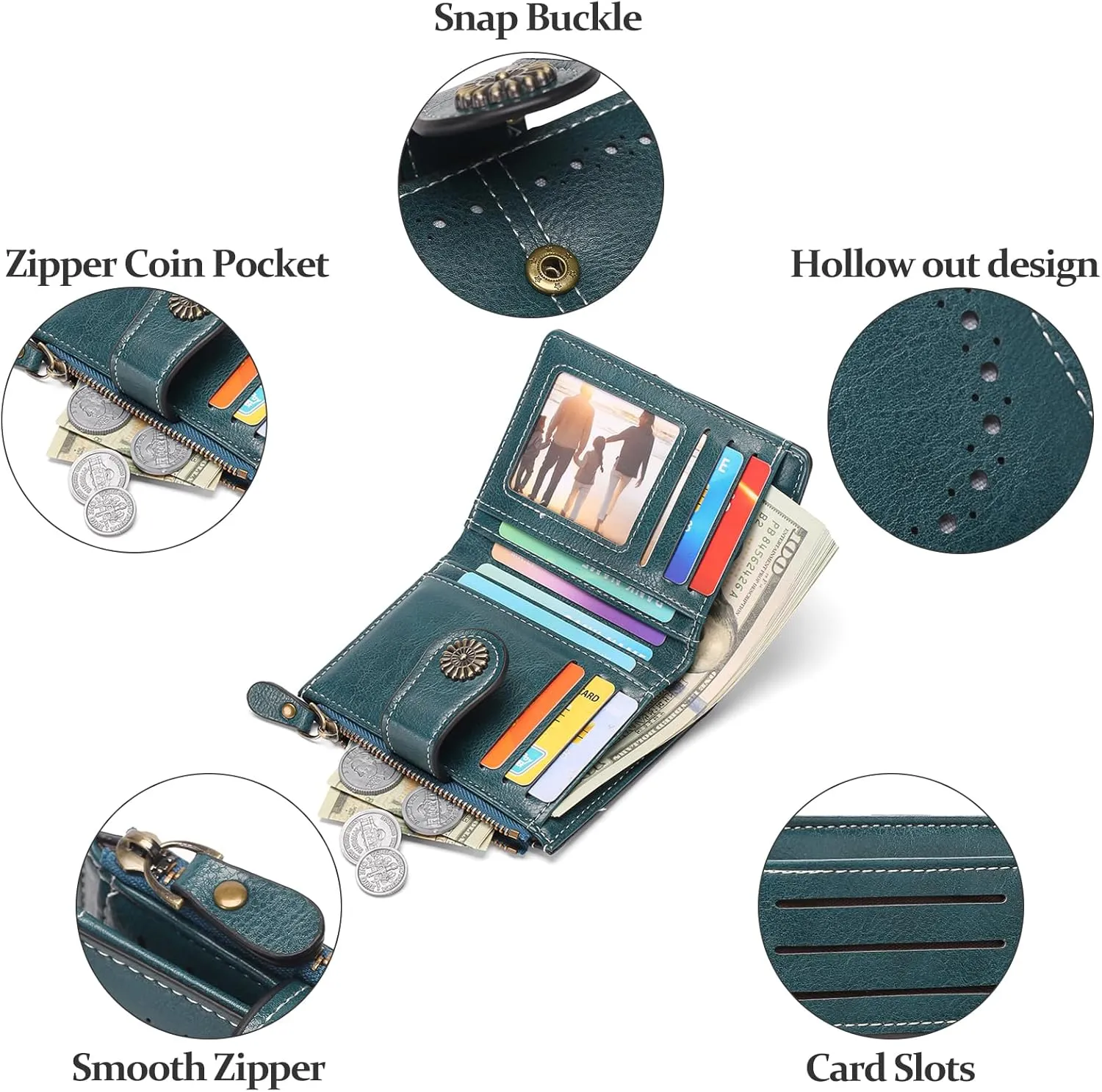Small Women Wallet Leather RFID Blocking Card Holder Bifold Compact Wallets with ID Window and Zipper Coin Pocket