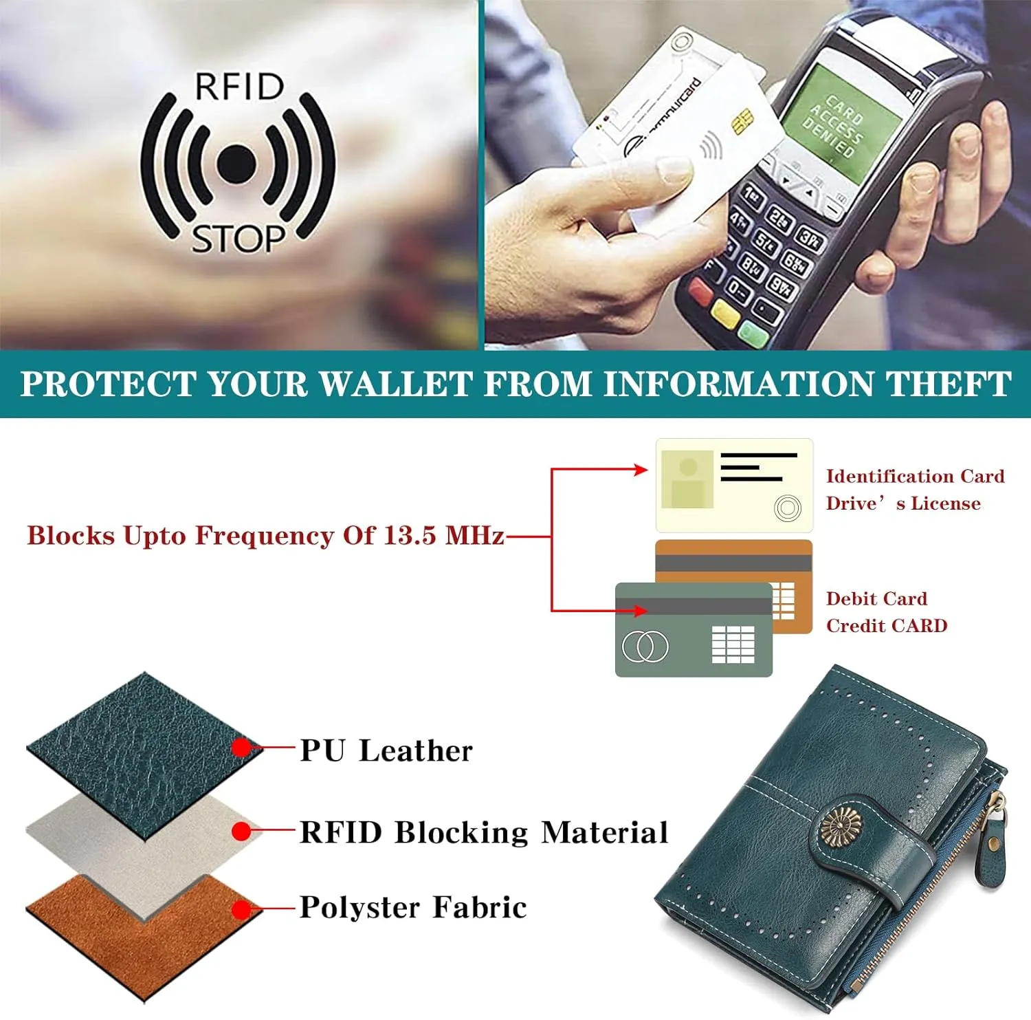 Small Women Wallet Leather RFID Blocking Card Holder Bifold Compact Wallets with ID Window and Zipper Coin Pocket
