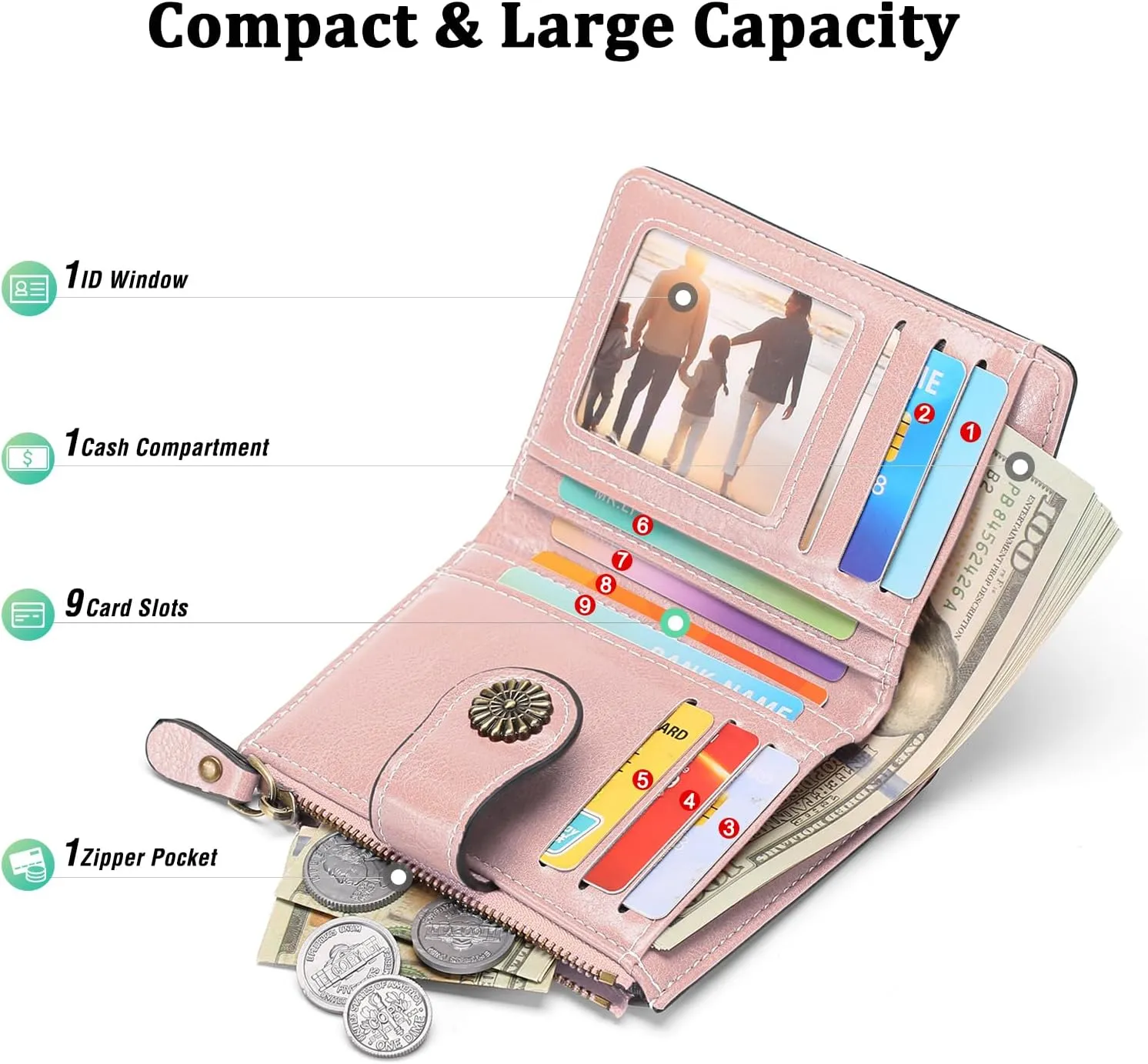 Small Women Wallet Leather RFID Blocking Card Holder Bifold Compact Wallets with ID Window and Zipper Coin Pocket