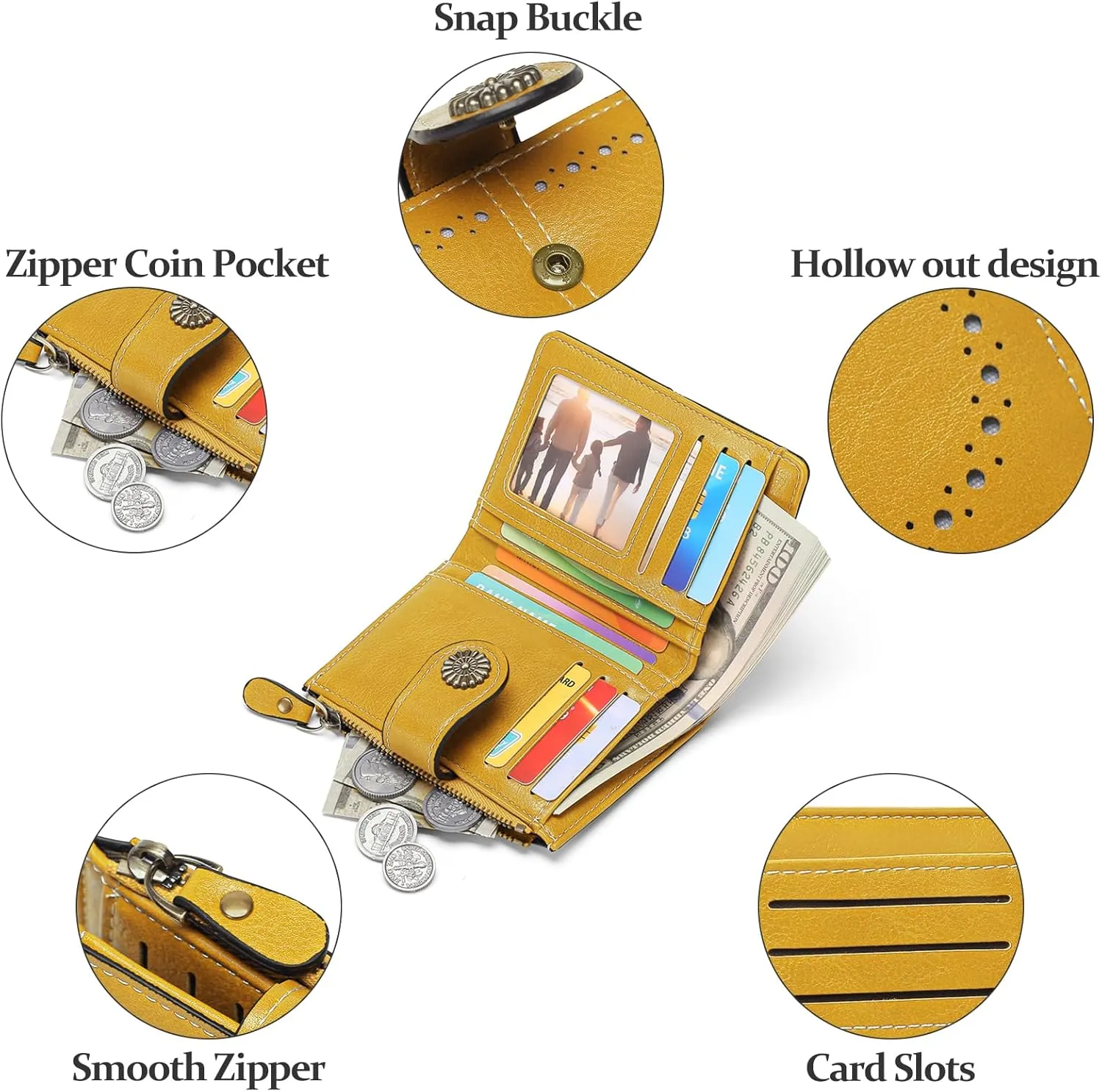 Small Women Wallet Leather RFID Blocking Card Holder Bifold Compact Wallets with ID Window and Zipper Coin Pocket