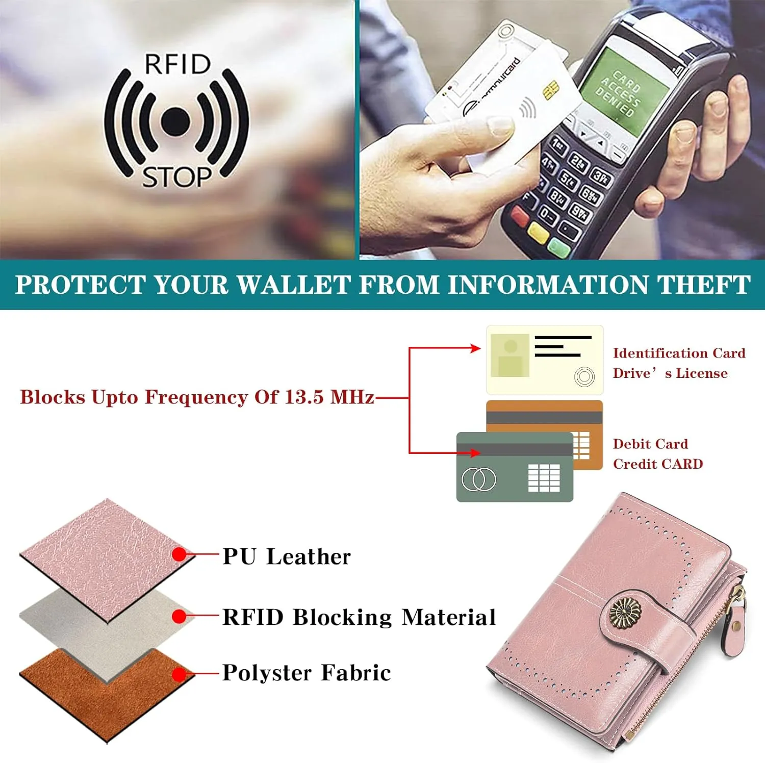 Small Women Wallet Leather RFID Blocking Card Holder Bifold Compact Wallets with ID Window and Zipper Coin Pocket