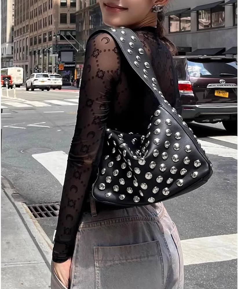 Studded Handbag for Women - Black Punk Shoulder Bag 90s 2000s Vegan Fall Fashion Trendy Purse