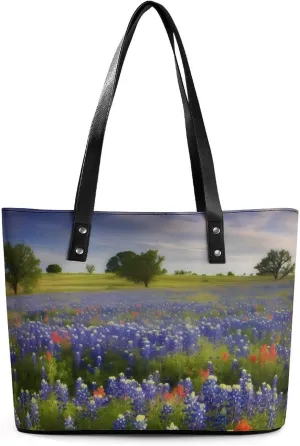 Texas Bluebonnets Scenery Leather Lady's Handbag Crossbody Purse for Women Ladies Soft Shoulder Bag Medium Roomy Handbag Fashion Tote Top Handle Satchel