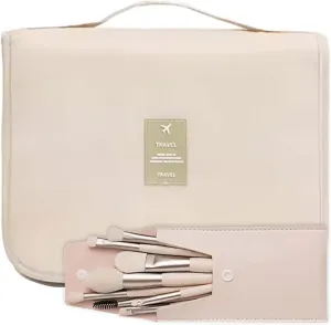  Toiletry Bag with Brush Set  Compact Travel Makeup Organizer  Gift for Women  Airport Essentials
