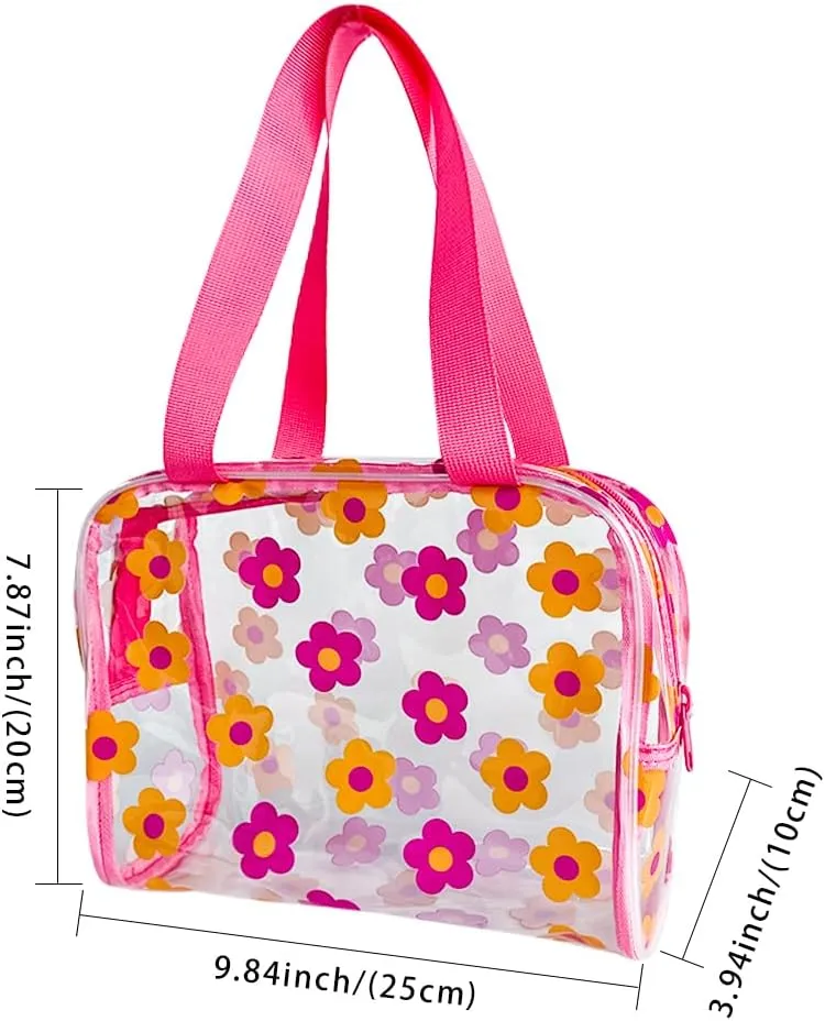 TotePrint Clear Floral Hand Bag and Travel Cosmetics Pouch with Handle,Durable Waterproof PVC Versatile Smooth Zipper Design (Pink Yellow)