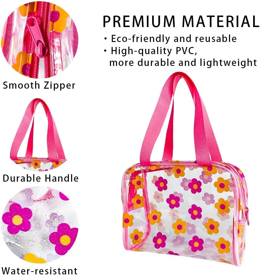 TotePrint Clear Floral Hand Bag and Travel Cosmetics Pouch with Handle,Durable Waterproof PVC Versatile Smooth Zipper Design (Pink Yellow)
