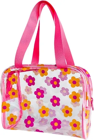 TotePrint Clear Floral Hand Bag and Travel Cosmetics Pouch with Handle,Durable Waterproof PVC Versatile Smooth Zipper Design (Pink Yellow)