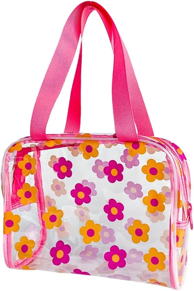 TotePrint Clear Floral Hand Bag and Travel Cosmetics Pouch with Handle,Durable Waterproof PVC Versatile Smooth Zipper Design (Pink Yellow)