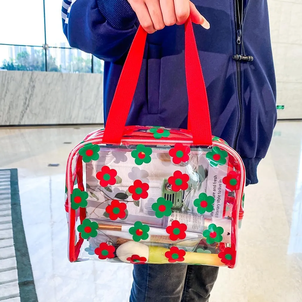 TotePrint Clear Floral Hand Bag and Travel Cosmetics Pouch with Handle,Durable Waterproof PVC Versatile Smooth Zipper Design (Red Green)