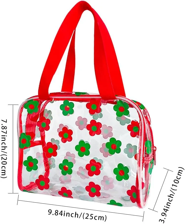 TotePrint Clear Floral Hand Bag and Travel Cosmetics Pouch with Handle,Durable Waterproof PVC Versatile Smooth Zipper Design (Red Green)