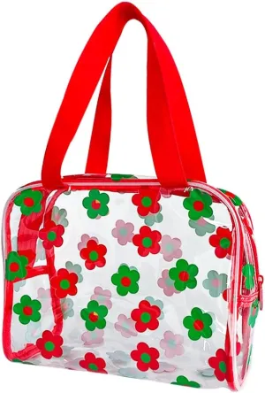 TotePrint Clear Floral Hand Bag and Travel Cosmetics Pouch with Handle,Durable Waterproof PVC Versatile Smooth Zipper Design (Red Green)