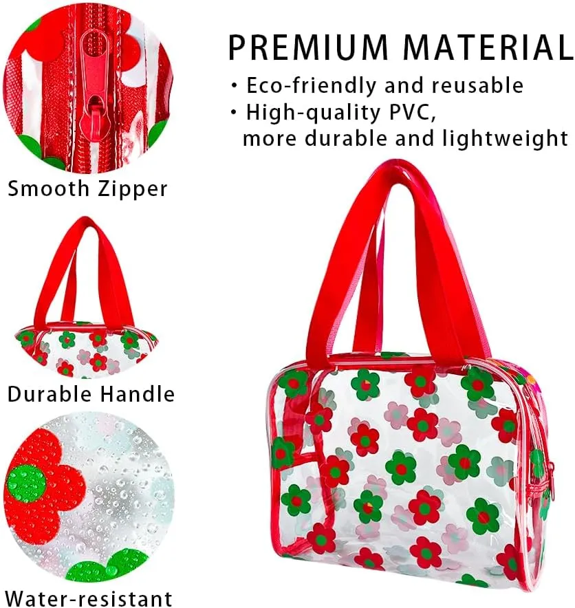 TotePrint Clear Floral Hand Bag and Travel Cosmetics Pouch with Handle,Durable Waterproof PVC Versatile Smooth Zipper Design (Red Green)