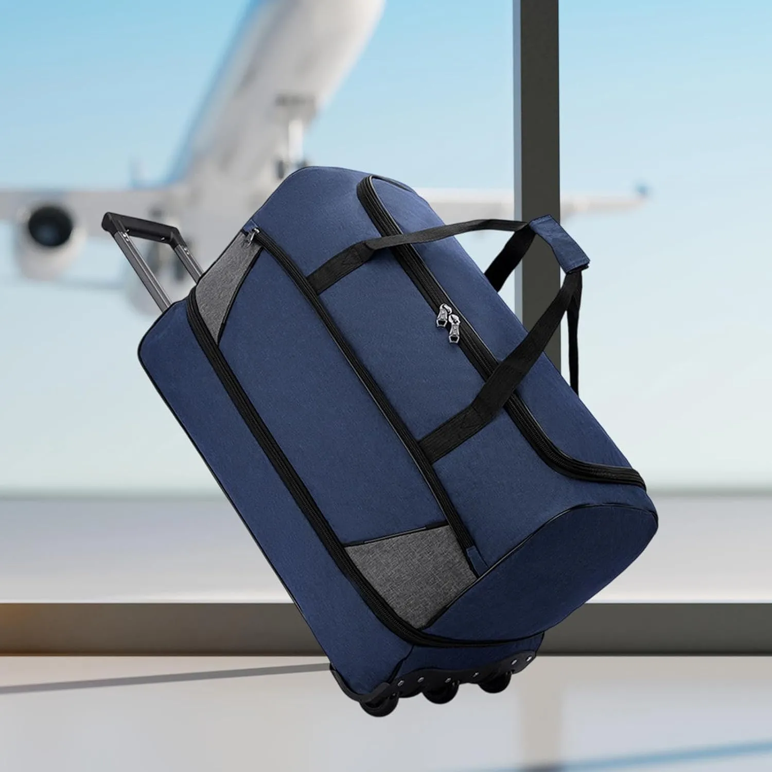 Travel Duffel Bag with Wheels Suit Dress Bag Carrying Case Telescopic Aluminum Handle for Gym Sport Water Resistant Versatile, Blue S