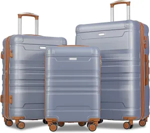 Travel Light with Expandable 3-Piece Luggage Set, Durable ABS Hardshell, Spinner Wheels, Convenient Size Options in Blue and Brown