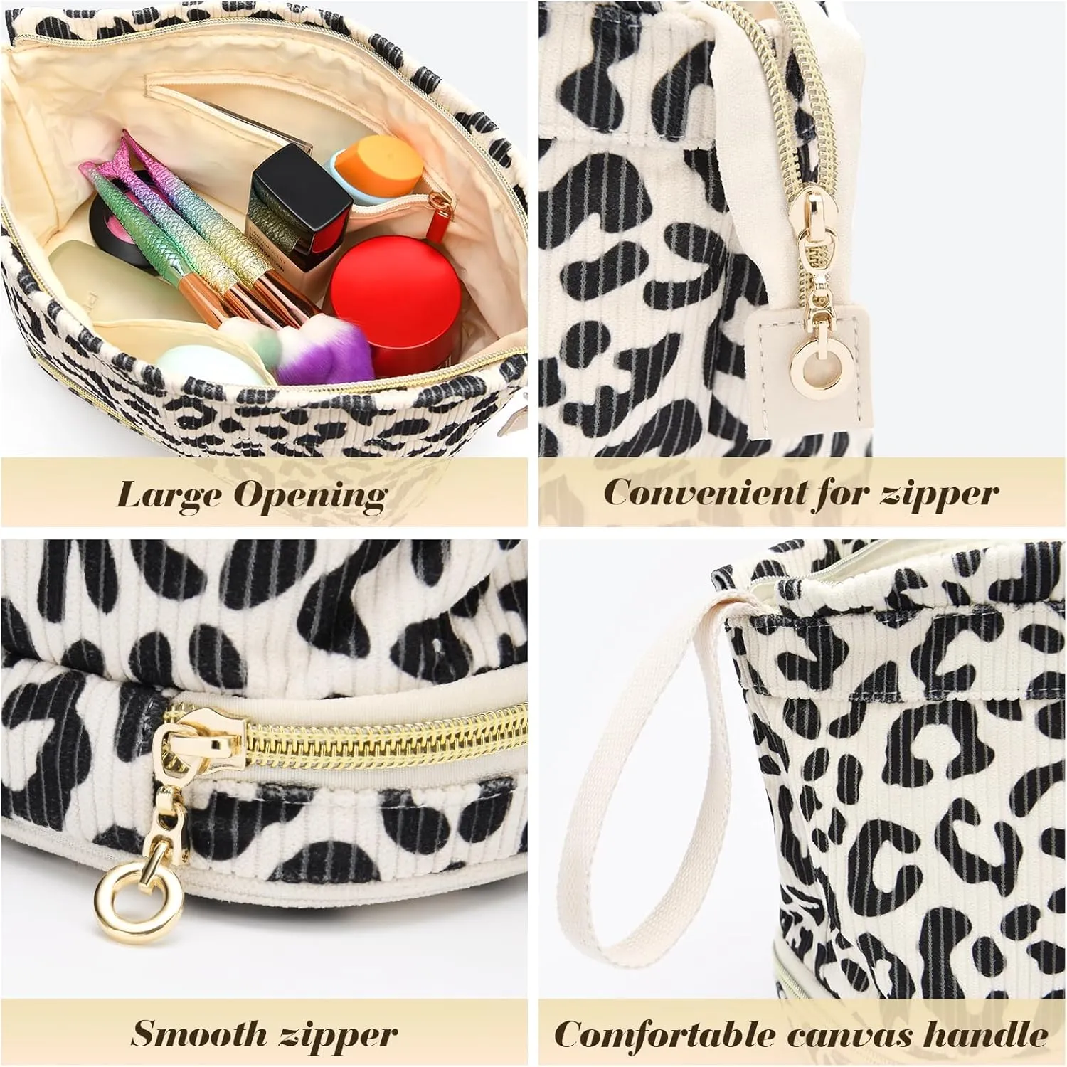 Travel Makeup Bag, Cotton Quilted Cosmetic Bag Large Double Layer Make Up Bag for Women, Cute Floral Wide-open Makeup Pouch Gift for Girls, Roomy Makeup Travel Bags - Leopard