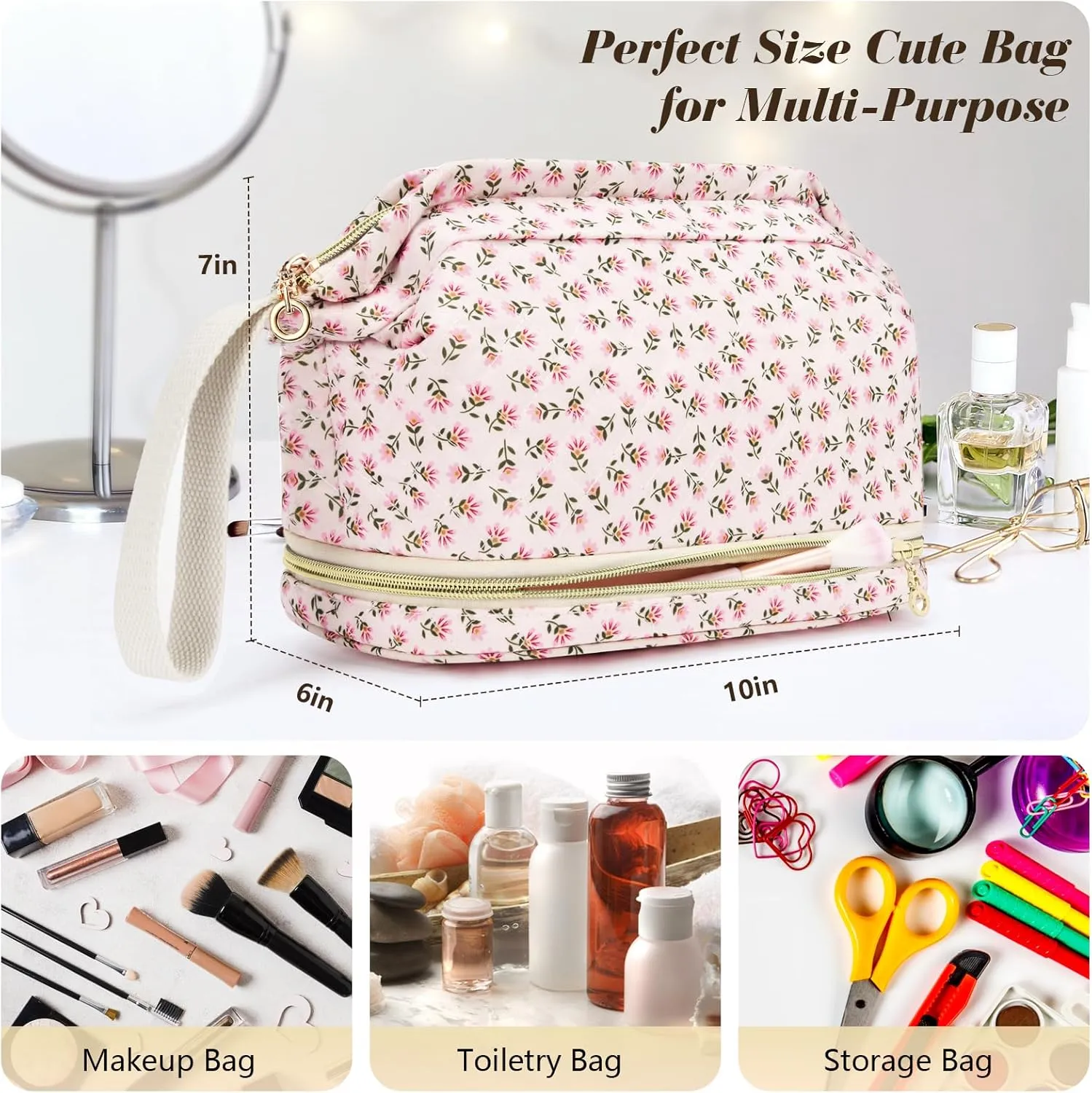 Travel Makeup Bag, Cotton Quilted Cosmetic Bag Large Double Layer Make Up Bag for Women, Cute Floral Wide-open Makeup Pouch Gift for Girls, Roomy Makeup Travel Bags - Leopard