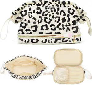 Travel Makeup Bag, Cotton Quilted Cosmetic Bag Large Double Layer Make Up Bag for Women, Cute Floral Wide-open Makeup Pouch Gift for Girls, Roomy Makeup Travel Bags - Leopard