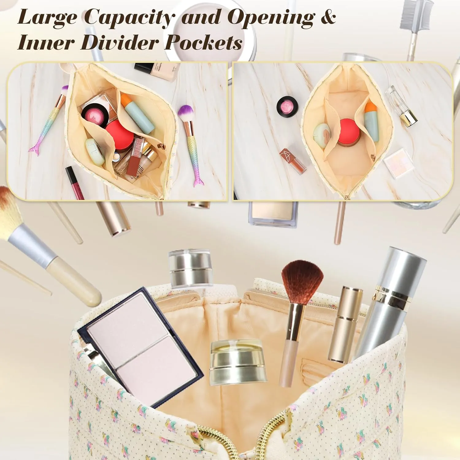 Travel Makeup Bag, Cotton Quilted Cosmetic Bag Large Double Layer Make Up Bag for Women, Cute Floral Wide-open Makeup Pouch Gift for Girls, Roomy Makeup Travel Bags - Leopard
