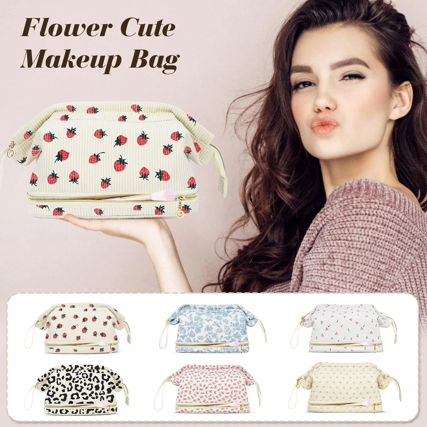 Travel Makeup Bag, Cotton Quilted Cosmetic Bag Large Double Layer Make Up Bag for Women, Cute Floral Wide-open Makeup Pouch Gift for Girls, Roomy Makeup Travel Bags - Leopard