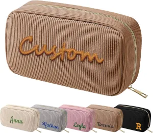 Travel Makeup Bag for Women Girls,Personalized Cosmetic Bags with Support for Custom Embroidery Effect Text,Travel Essentials Large Capacity Makeup Bags Gifts for Mom,Friends,Partners(Brown)
