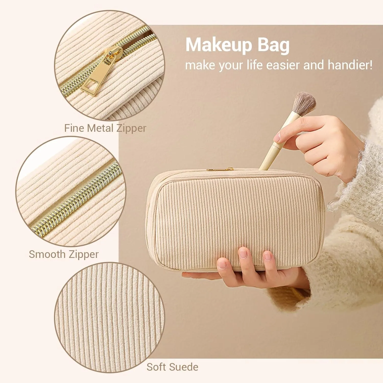 Travel Makeup Bag for Women Girls,Personalized Cosmetic Bags with Support for Custom Embroidery Effect Text,Travel Essentials Large Capacity Makeup Bags Gifts for Mom,Friends,Partners(Brown)