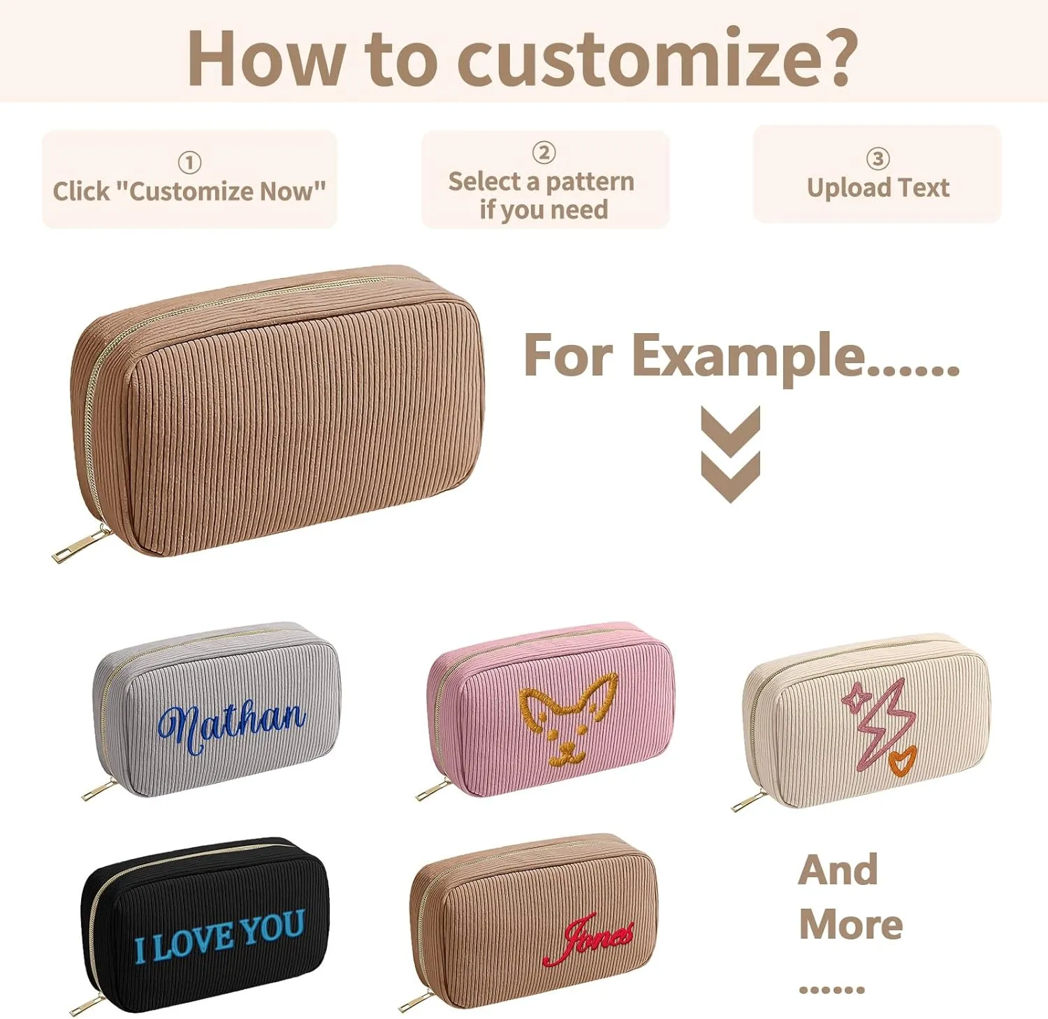 Travel Makeup Bag for Women Girls,Personalized Cosmetic Bags with Support for Custom Embroidery Effect Text,Travel Essentials Large Capacity Makeup Bags Gifts for Mom,Friends,Partners(Brown)