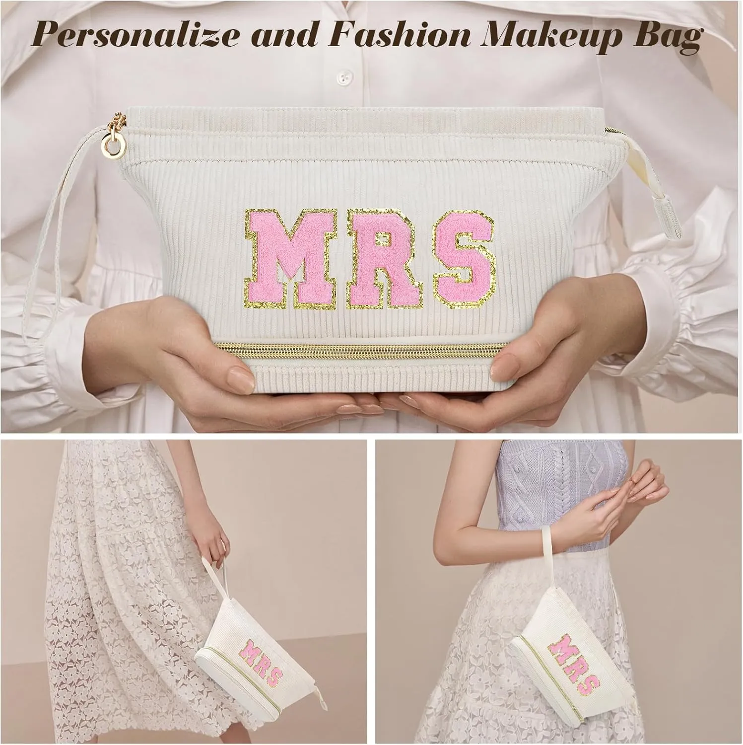 Travel Makeup Bag, Personalized Large Double Layer Make Up Gift Cosmetic Bag for Women, Initials Wide-open Makeup Pouch Organizer Bag for Girls, Roomy Makeup Travel Bags - MRS