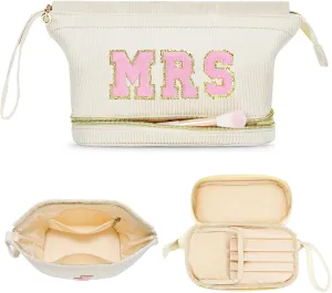Travel Makeup Bag, Personalized Large Double Layer Make Up Gift Cosmetic Bag for Women, Initials Wide-open Makeup Pouch Organizer Bag for Girls, Roomy Makeup Travel Bags - MRS