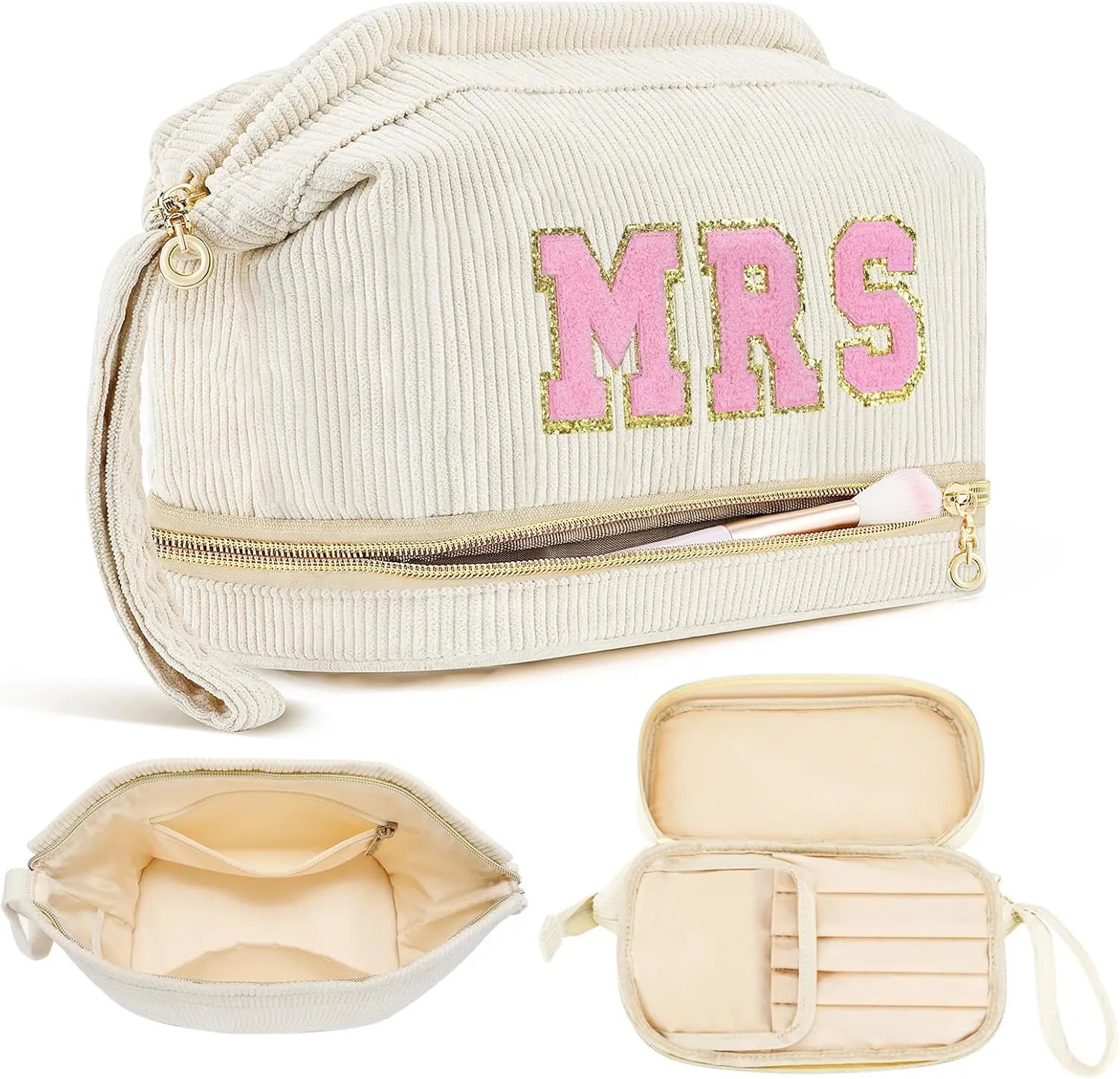 Travel Makeup Bag, Personalized Large Double Layer Make Up Gift Cosmetic Bag for Women, Initials Wide-open Makeup Pouch Organizer Bag for Girls, Roomy Makeup Travel Bags - MRS