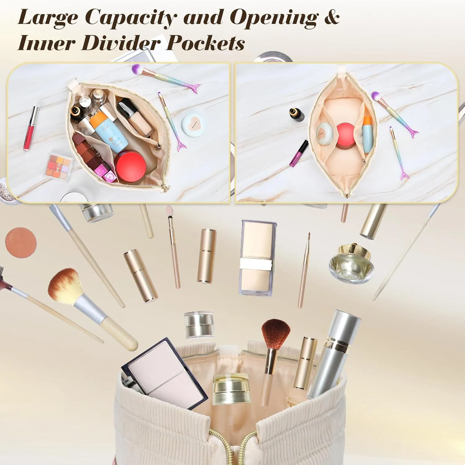 Travel Makeup Bag, Personalized Large Double Layer Make Up Gift Cosmetic Bag for Women, Initials Wide-open Makeup Pouch Organizer Bag for Girls, Roomy Makeup Travel Bags - MRS