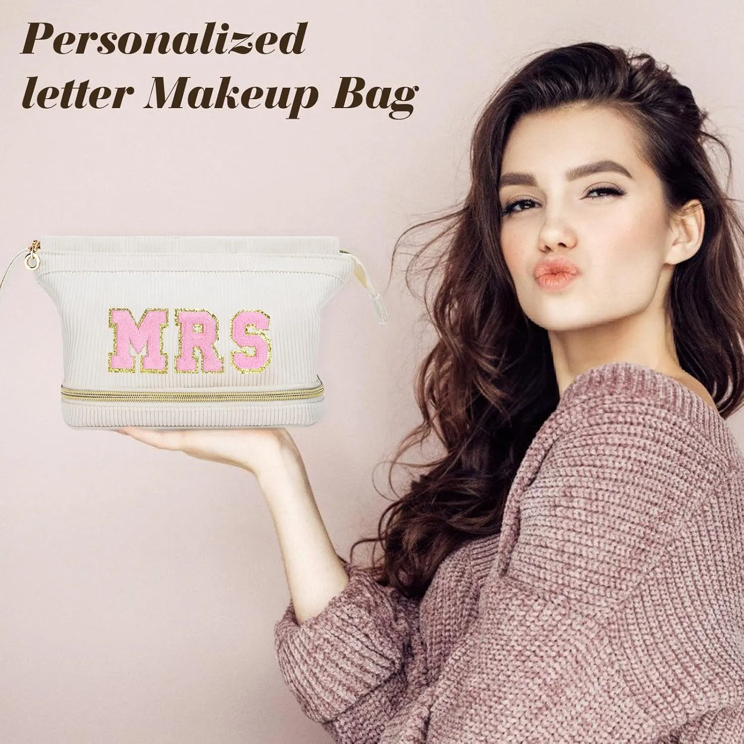 Travel Makeup Bag, Personalized Large Double Layer Make Up Gift Cosmetic Bag for Women, Initials Wide-open Makeup Pouch Organizer Bag for Girls, Roomy Makeup Travel Bags - MRS