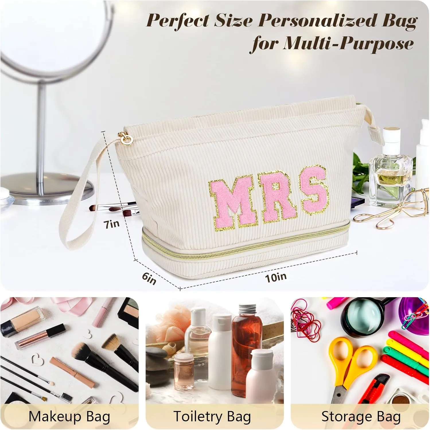 Travel Makeup Bag, Personalized Large Double Layer Make Up Gift Cosmetic Bag for Women, Initials Wide-open Makeup Pouch Organizer Bag for Girls, Roomy Makeup Travel Bags - MRS