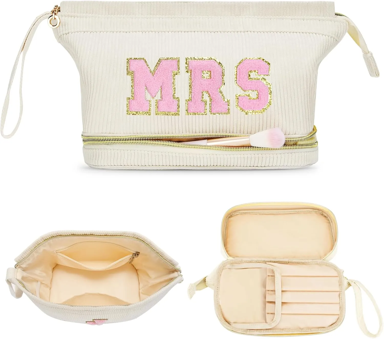 Travel Makeup Bag, Personalized Large Double Layer Make Up Gift Cosmetic Bag for Women, Initials Wide-open Makeup Pouch Organizer Bag for Girls, Roomy Makeup Travel Bags - MRS