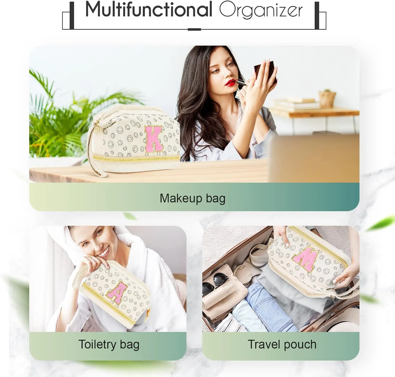 Travel Makeup Bag, Personalized Large Double Layer Make Up Gift Cosmetic Bag for Women, Initials Wide-open Makeup Pouch Organizer Bag for Girls, Roomy Makeup Travel Bags - T