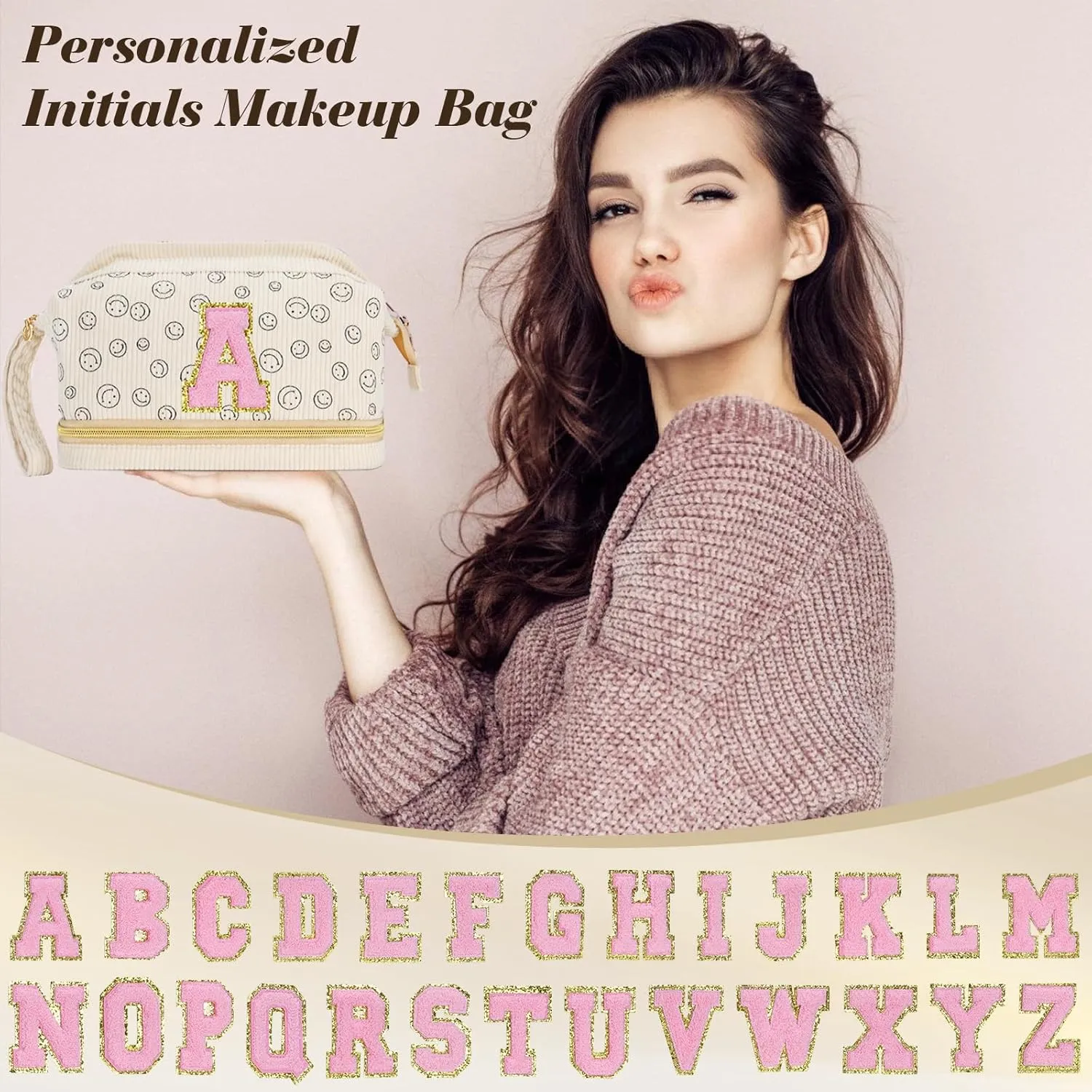 Travel Makeup Bag, Personalized Large Double Layer Make Up Gift Cosmetic Bag for Women, Initials Wide-open Makeup Pouch Organizer Bag for Girls, Roomy Makeup Travel Bags - T