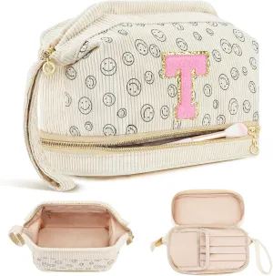 Travel Makeup Bag, Personalized Large Double Layer Make Up Gift Cosmetic Bag for Women, Initials Wide-open Makeup Pouch Organizer Bag for Girls, Roomy Makeup Travel Bags - T