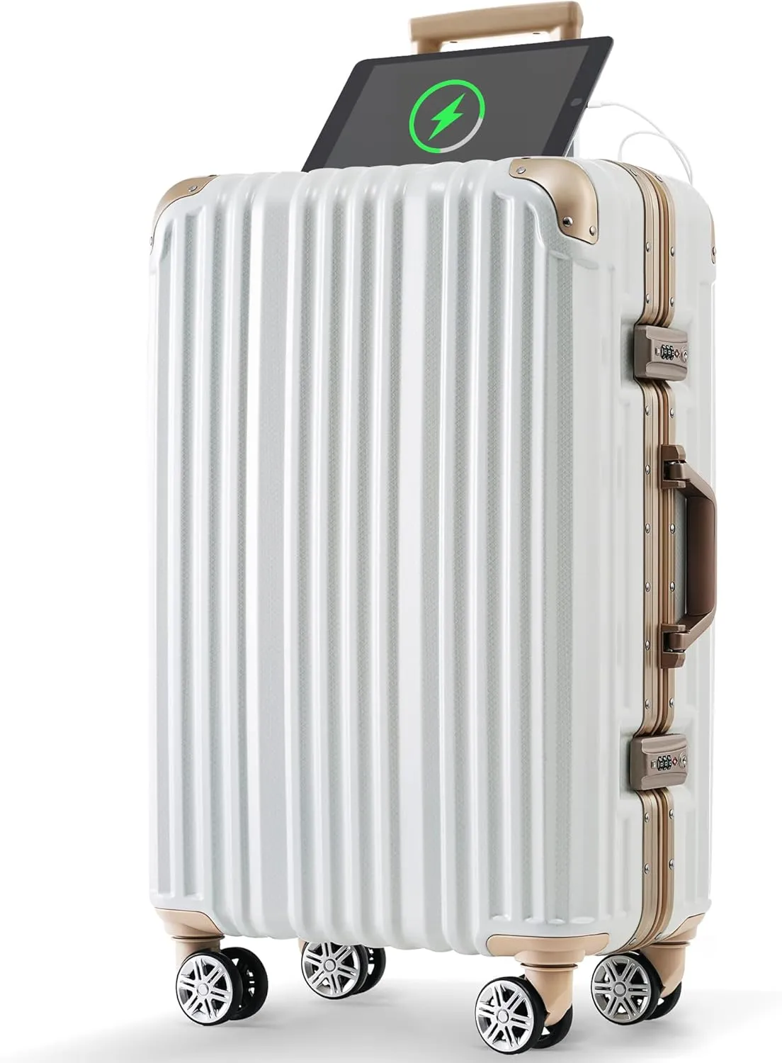 Travel Smart with Versatile 24in Aluminum Frame Luggage, USB Charging Port, Spinner Wheels for Business or Beach Trips, Gloss White