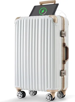 Travel Smart with Versatile 24in Aluminum Frame Luggage, USB Charging Port, Spinner Wheels for Business or Beach Trips, Gloss White