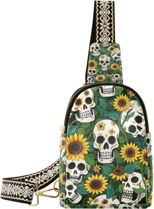 trendy Green Sunflower Skull crossbody bag leather fanny pack crossbody bags for travel